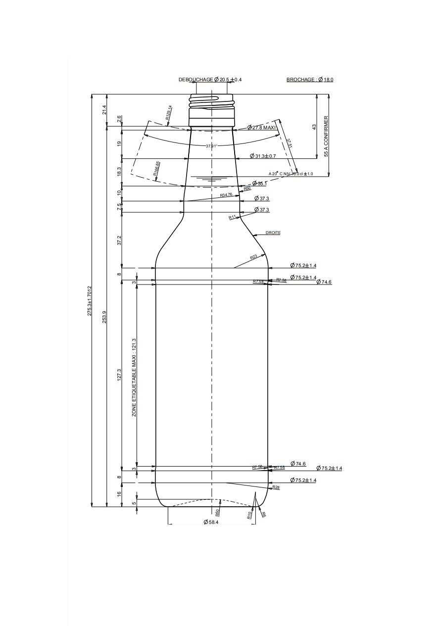 Schematische tekening 70cl fles met labelzone